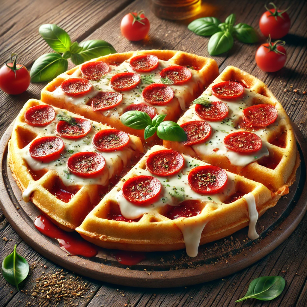 Egyedi és ropogós gofri pizza paradicsomszósszal és sajttal