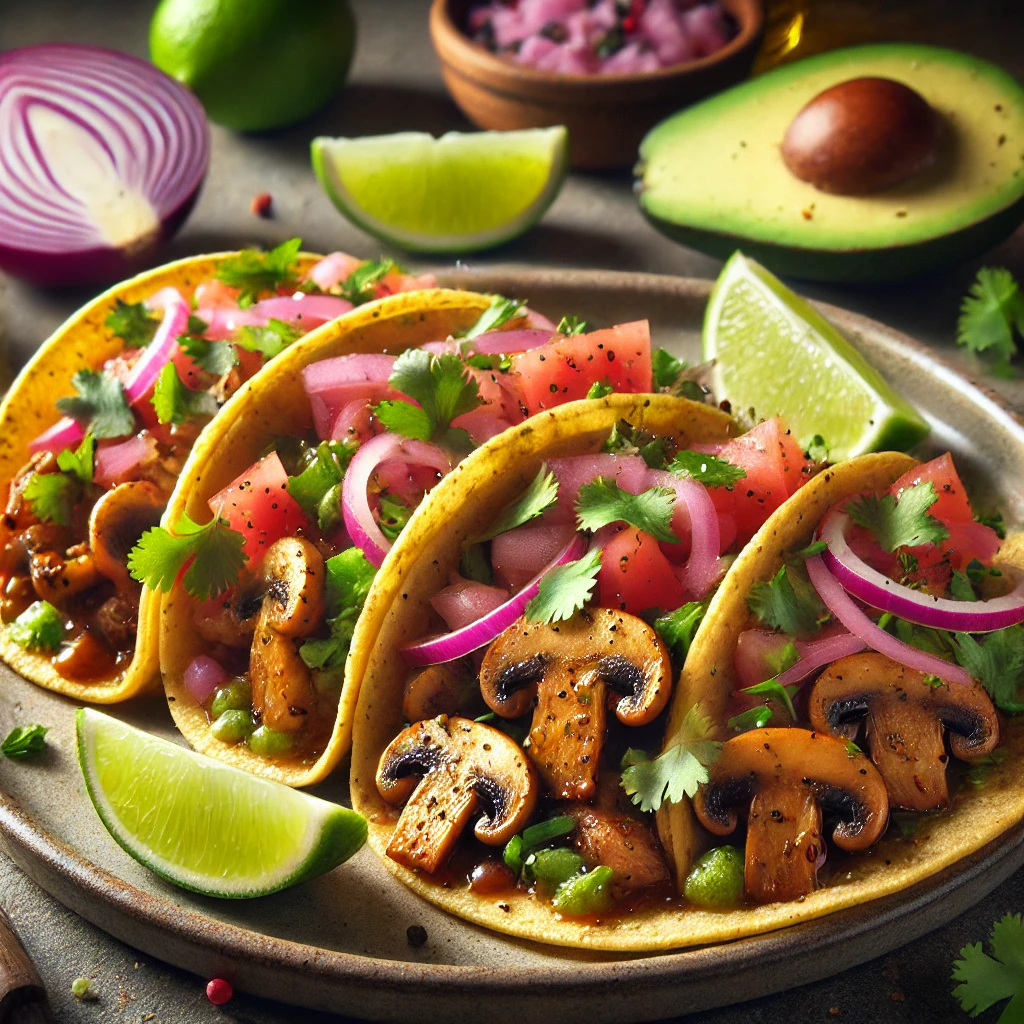 Autentikus mexikói Gombás Taco pirított fűszeres gombával és friss zöldségekkel