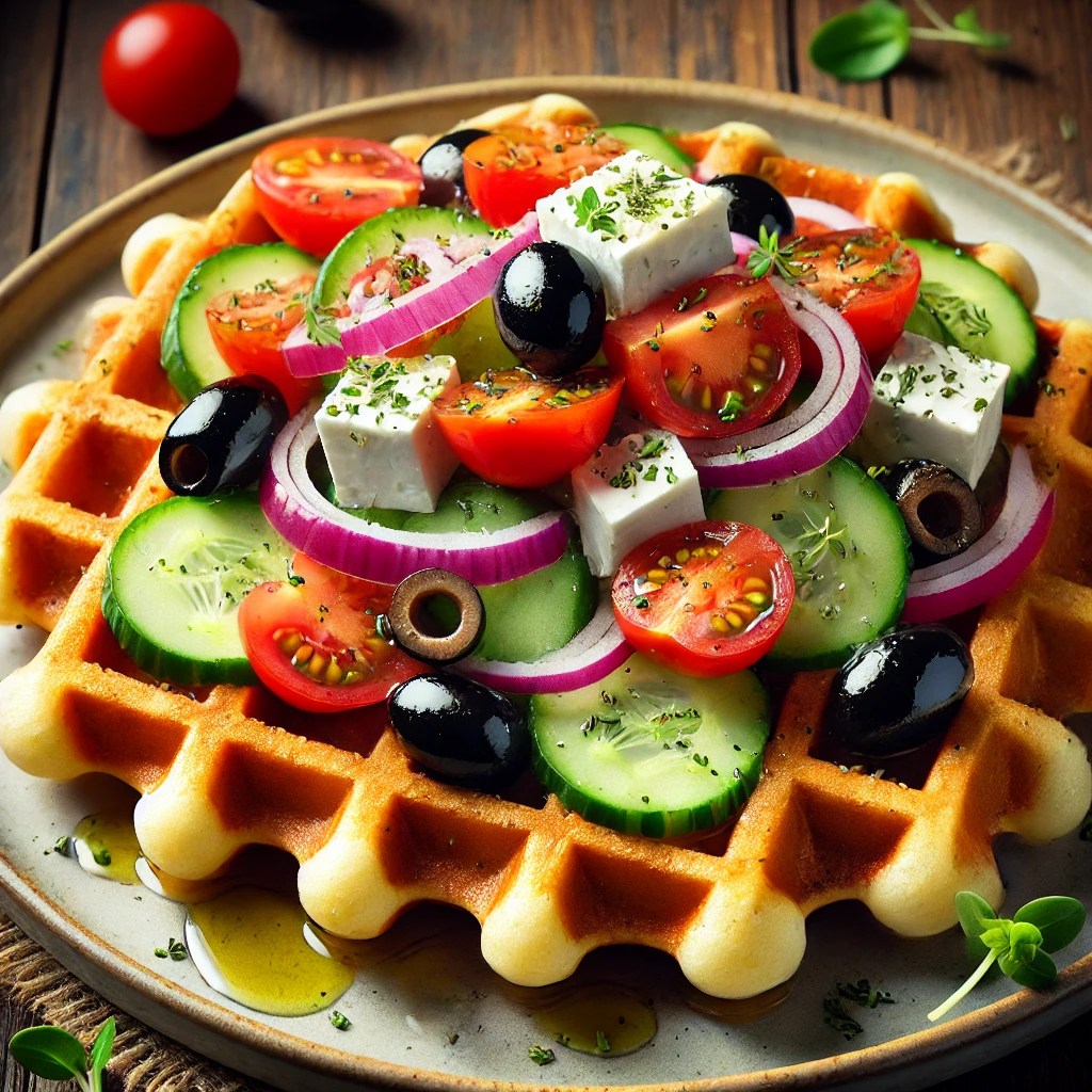Friss gÃ¶rÃ¶g salÃ¡tÃ¡val Ã©s feta sajttal kÃ©szÃ¼lt sÃ³s gofri