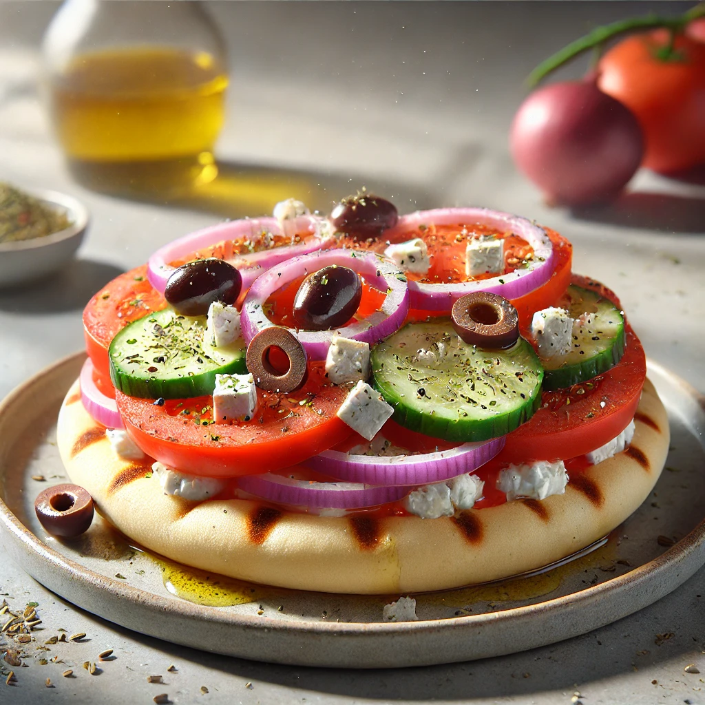 Puhára sült pita kenyér feta sajttal, olívabogyóval és friss zöldségekkel