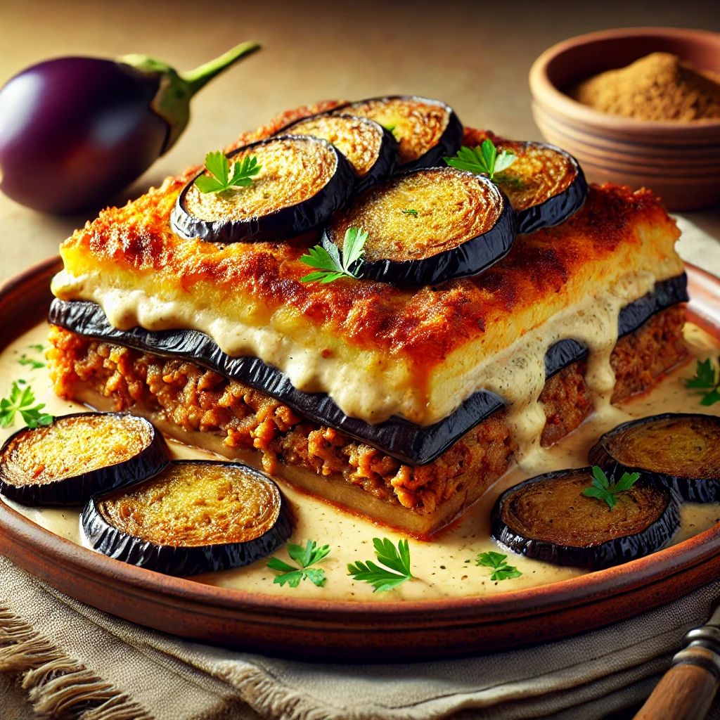 Klasszikus görög muszaka recept – padlizsán, darált hús és krémes besamel rétegekkel.