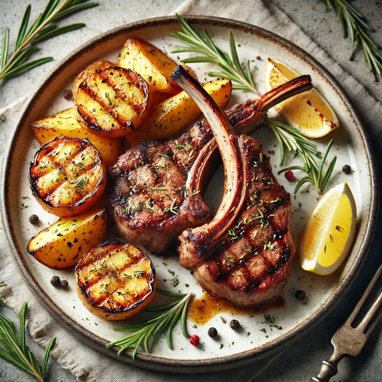 Grillezett báránybordák rozmaringos burgonyával tálalva