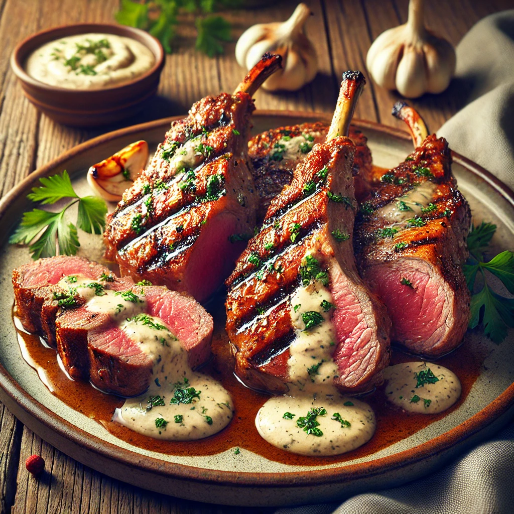 Szaftos grillezett báránycomb friss fokhagymás mártással
