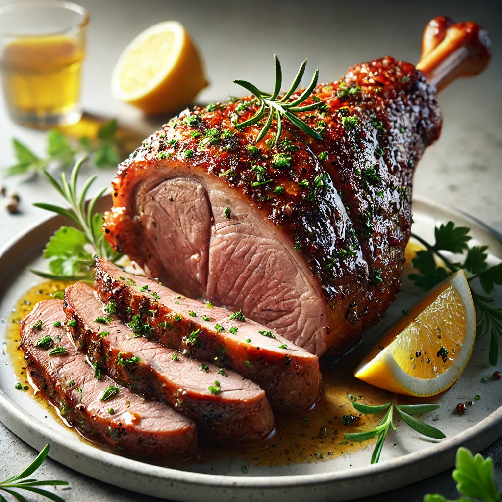 Szaftos, fűszeres grillezett báránycomb friss zöldfűszerekkel