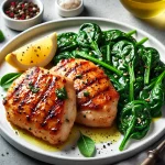 Grillezett csirkecomb fokhagymás spenóttal tálalva