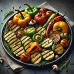 Grillezett zöldségek színes válogatása friss fűszerekkel megszórva.