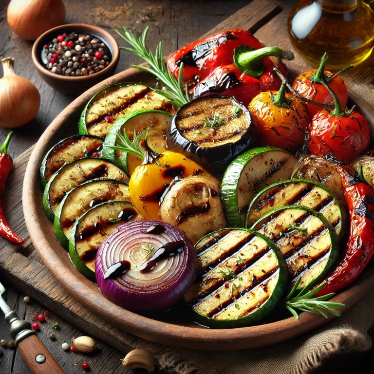Grillezett zöldségek balzsamecettel tálalva