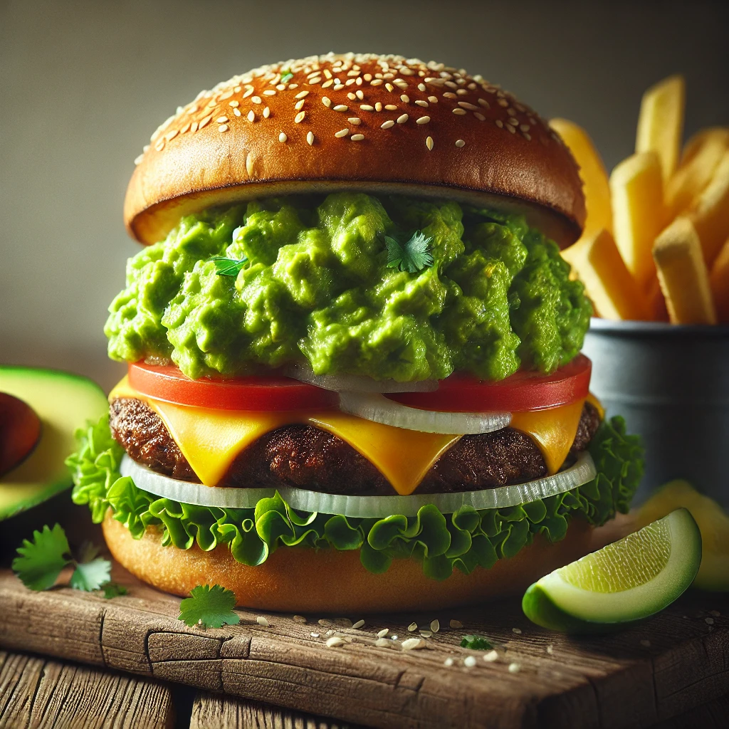 Marhahúspogácsa, olvadt cheddar sajt, friss guacamole és koriander