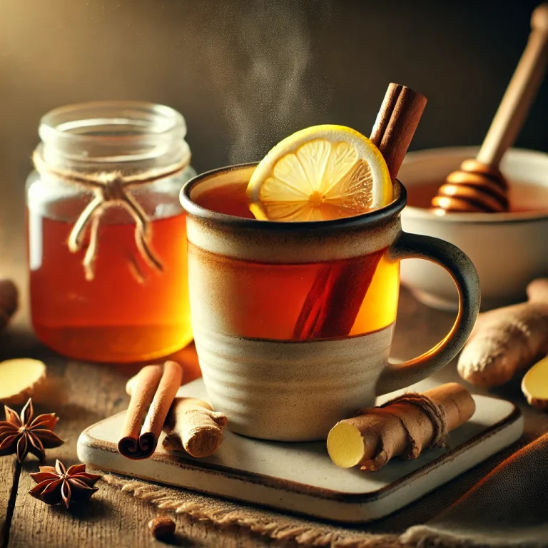 Forró gyömbéres fűszeres tea bögrében citrommal és fahéjjal