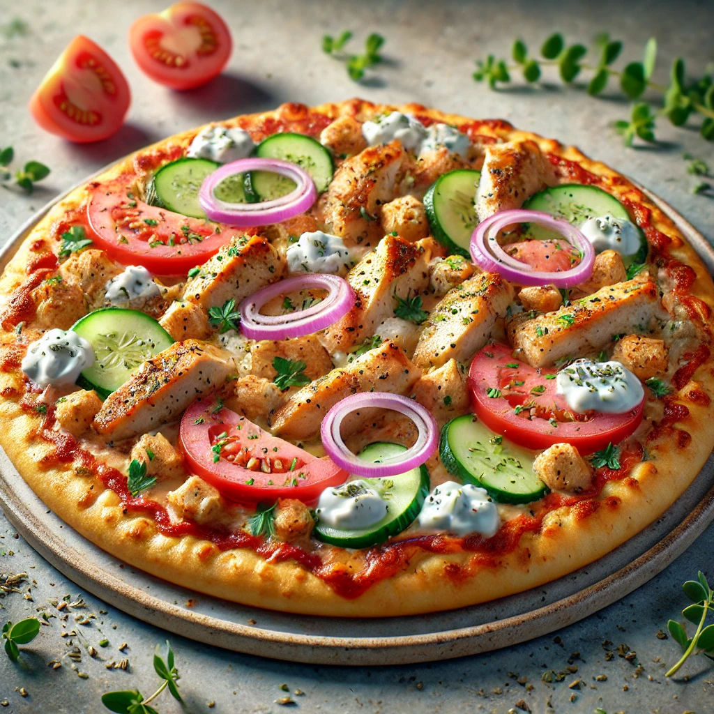 Autentikus görög gyros pizza sült csirkével, feta sajttal és tzatziki szósszal