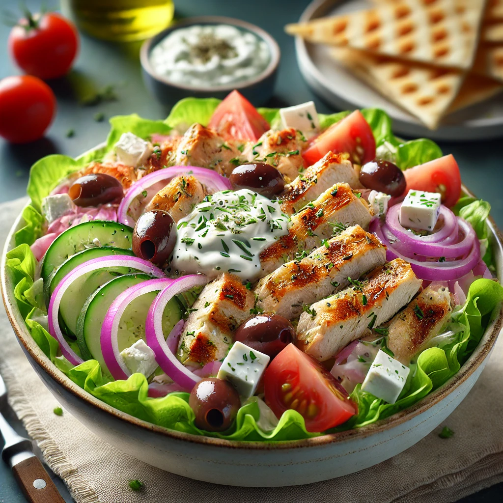 Autentikus görög gyros saláta sült csirkével, feta sajttal és tzatziki szósszal
