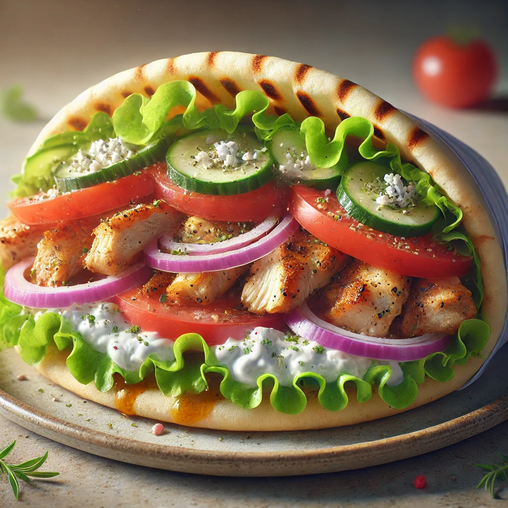 Autentikus görög gyros szendvics pácolt csirkével, feta sajttal és tzatziki szósszal