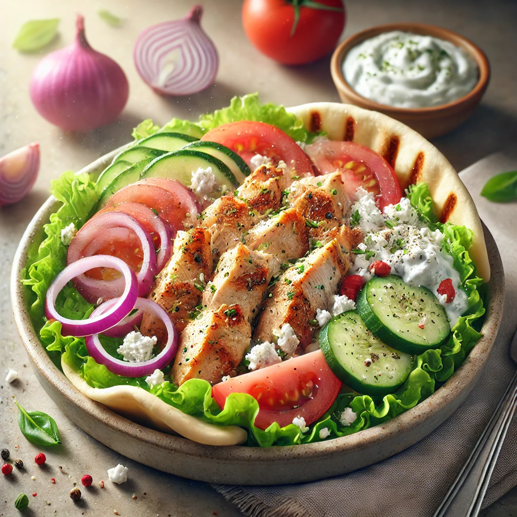 Friss és autentikus görög gyros tál pácolt csirkével, feta sajttal és tzatziki szósszal