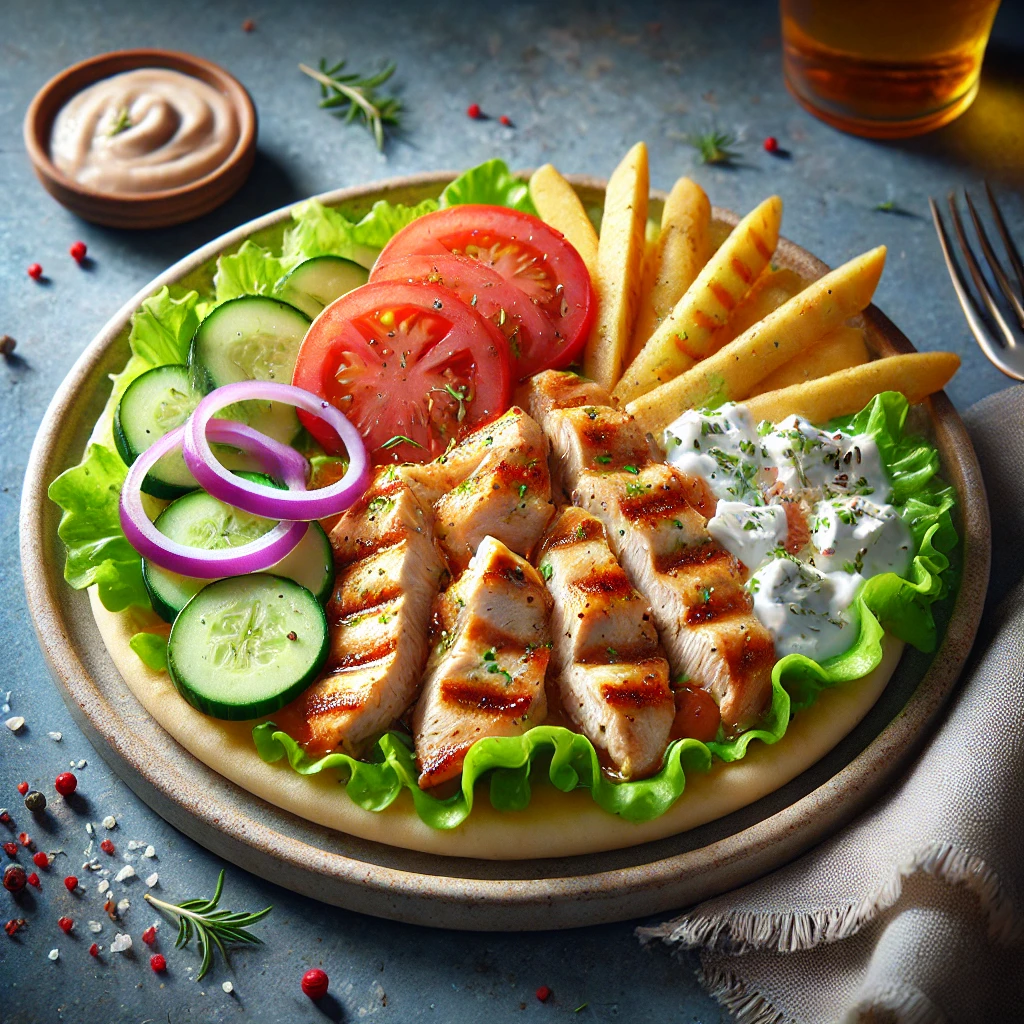 Friss és autentikus görög gyros tányér pácolt csirkével, feta sajttal, tzatziki szósszal és sült krumplival