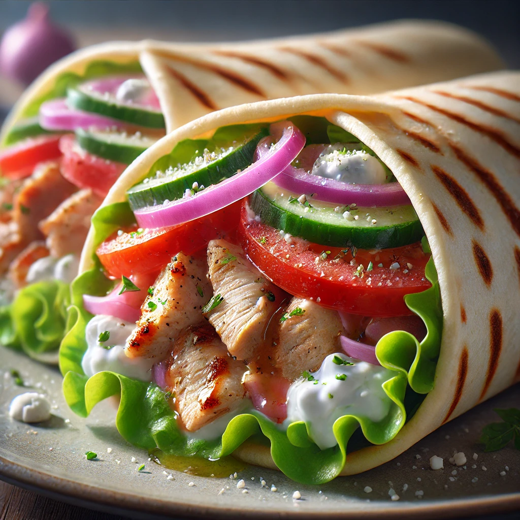 Autentikus görög gyros wrap sült csirkével, feta sajttal és tzatziki szósszal