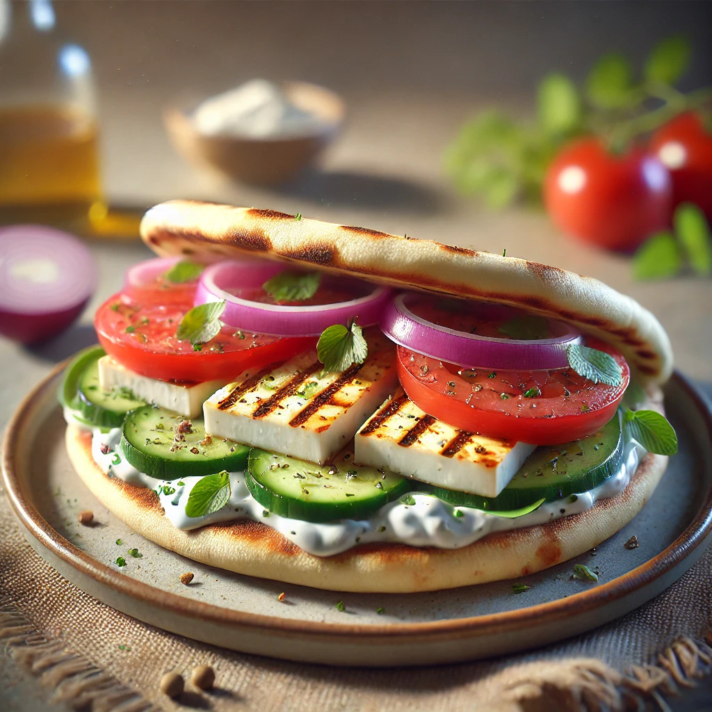 Grillezett halloumi sajttal készült görög pita friss zöldségekkel és mentás joghurtos öntettel