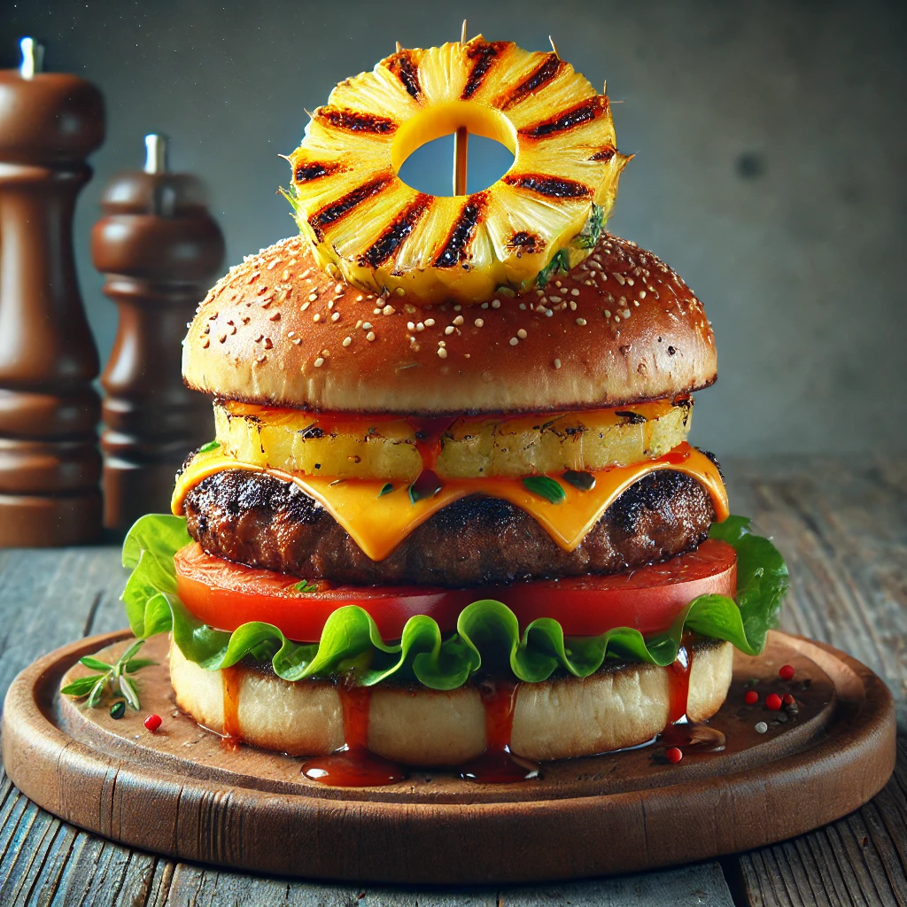 Egzotikus hamburger grillezett ananásszal és barbecue szósszal