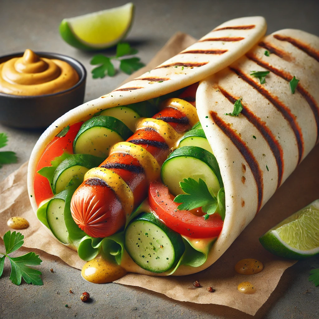Friss zöldségekkel tálalt hot dog burrito
