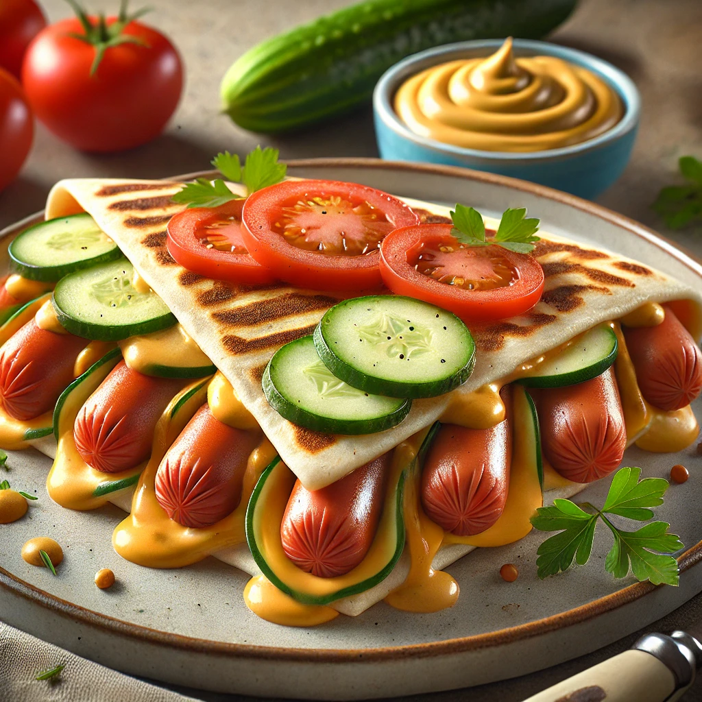 Friss zöldségekkel tálalt hot dog quesadilla