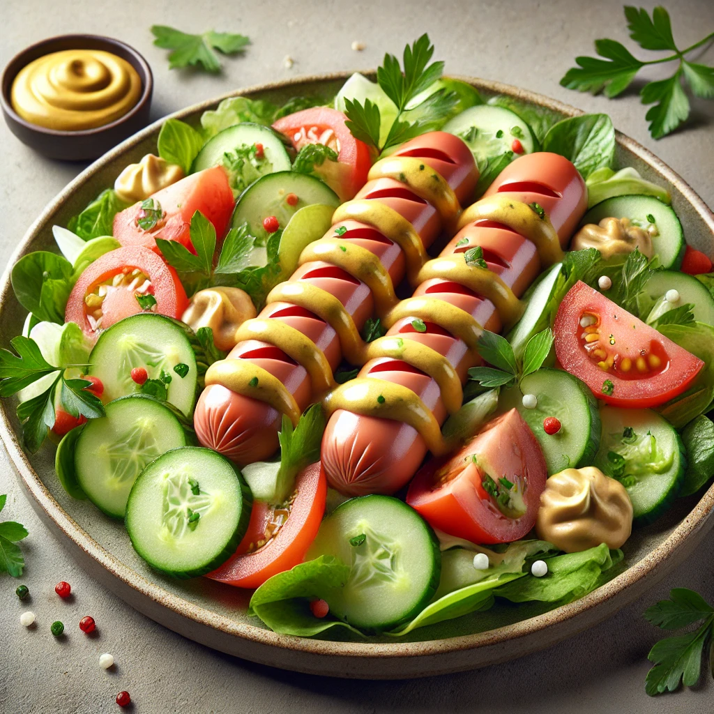Friss zöldségekkel tálalt hot dog saláta