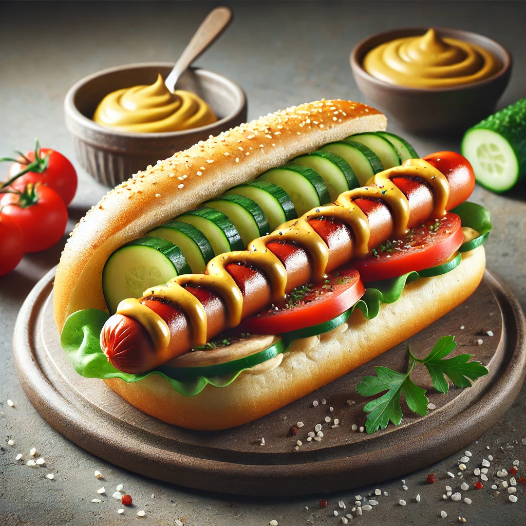 Friss zöldségekkel tálalt hot dog szendvics