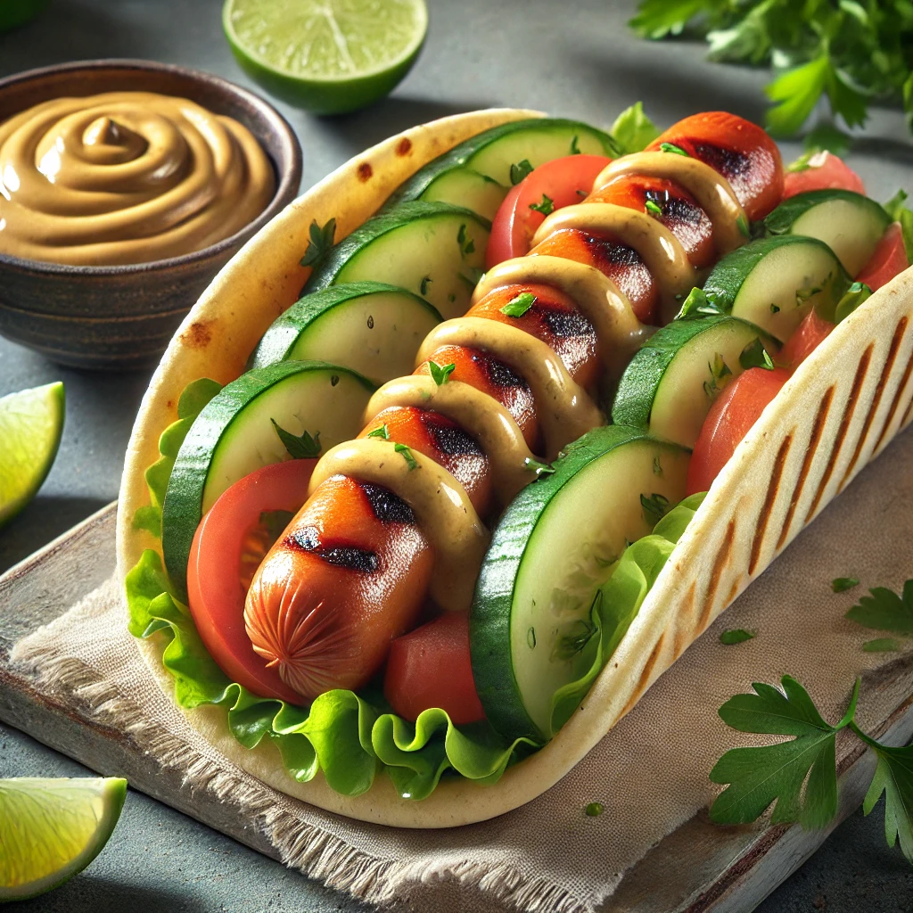 Friss zöldségekkel tálalt hot dog taco