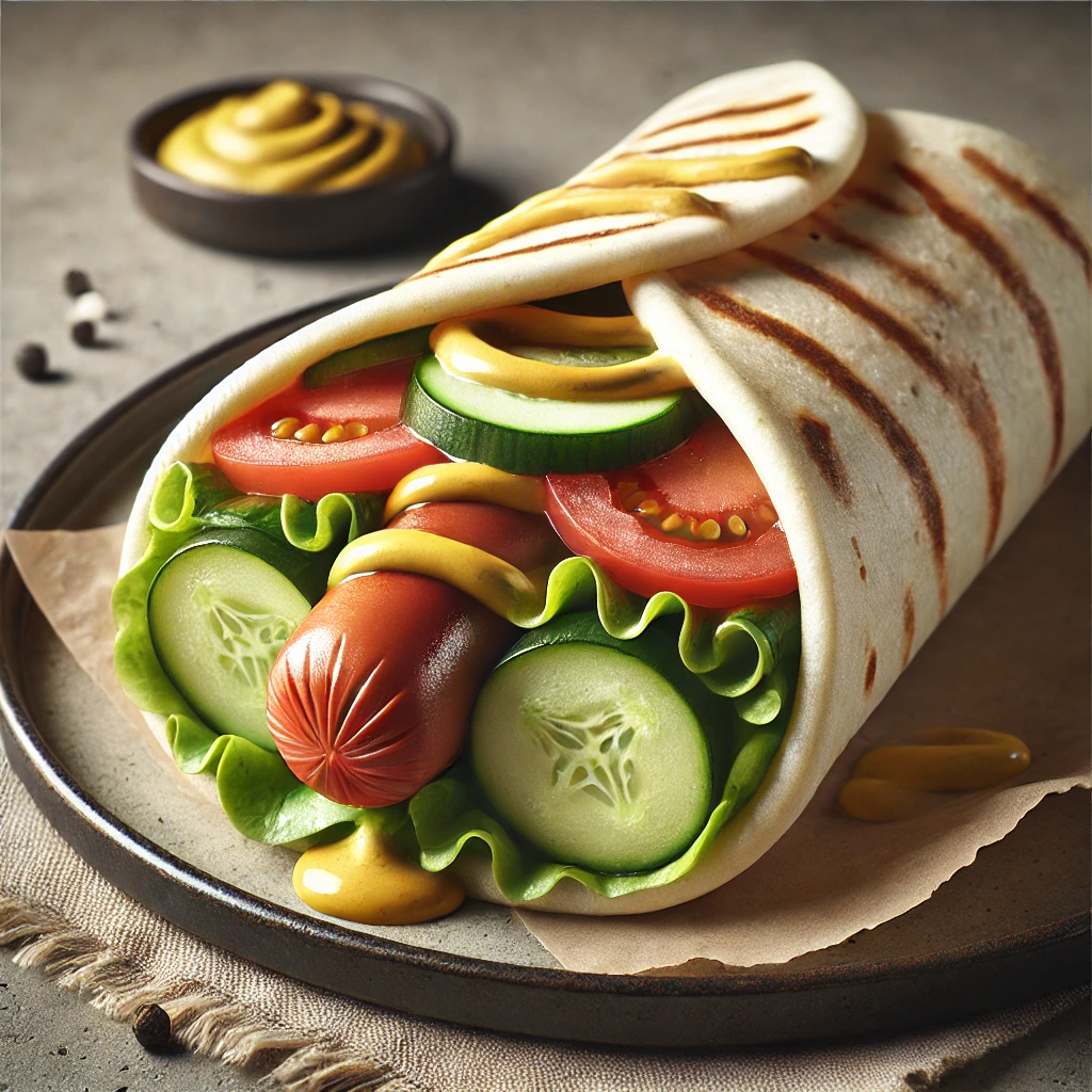 Friss zöldségekkel tálalt hot dog wrap