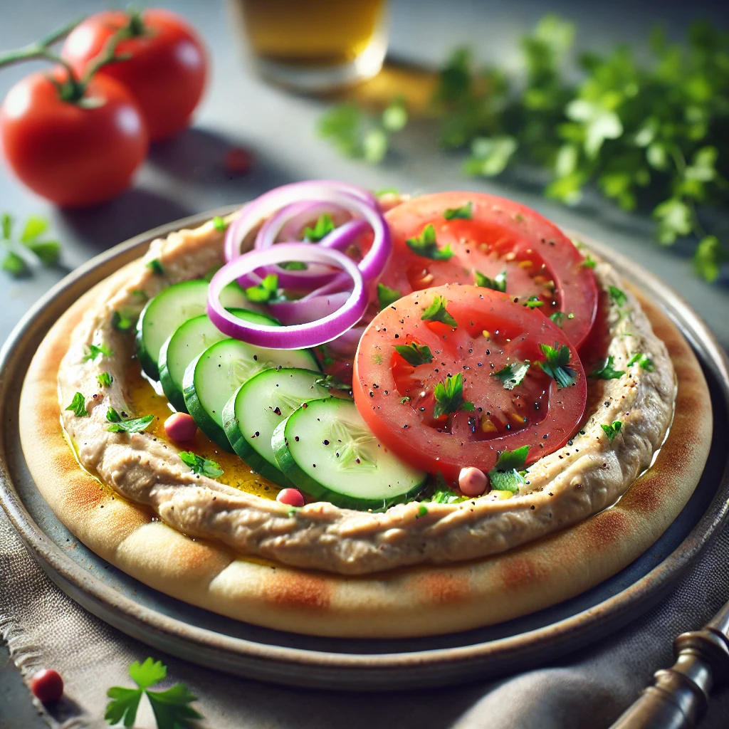 Puhára sült pita kenyér friss hummusszal és ropogós zöldségekkel