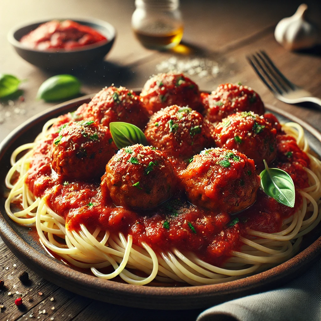Szaftos húsgombócok gazdag paradicsomos szósszal spagetti tésztával