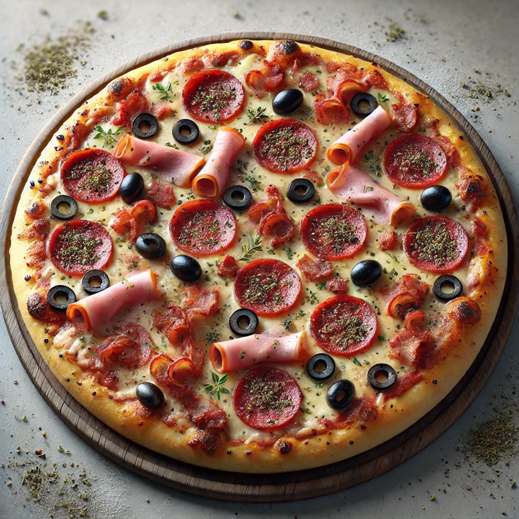 Szaftos húsos pizza fekete olívabogyóval és sajttal