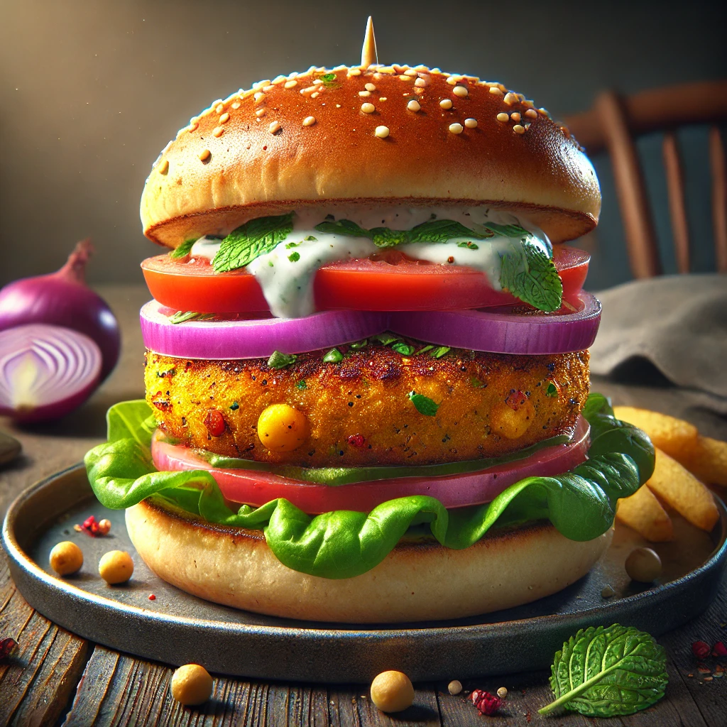 Fűszeres csicseriborsó burger friss zöldségekkel és joghurtszósszal