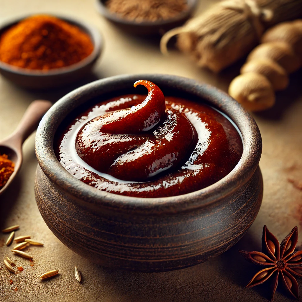 Édes-savanyú és fűszeres tamarind chutney római köménnyel és gyömbérrel