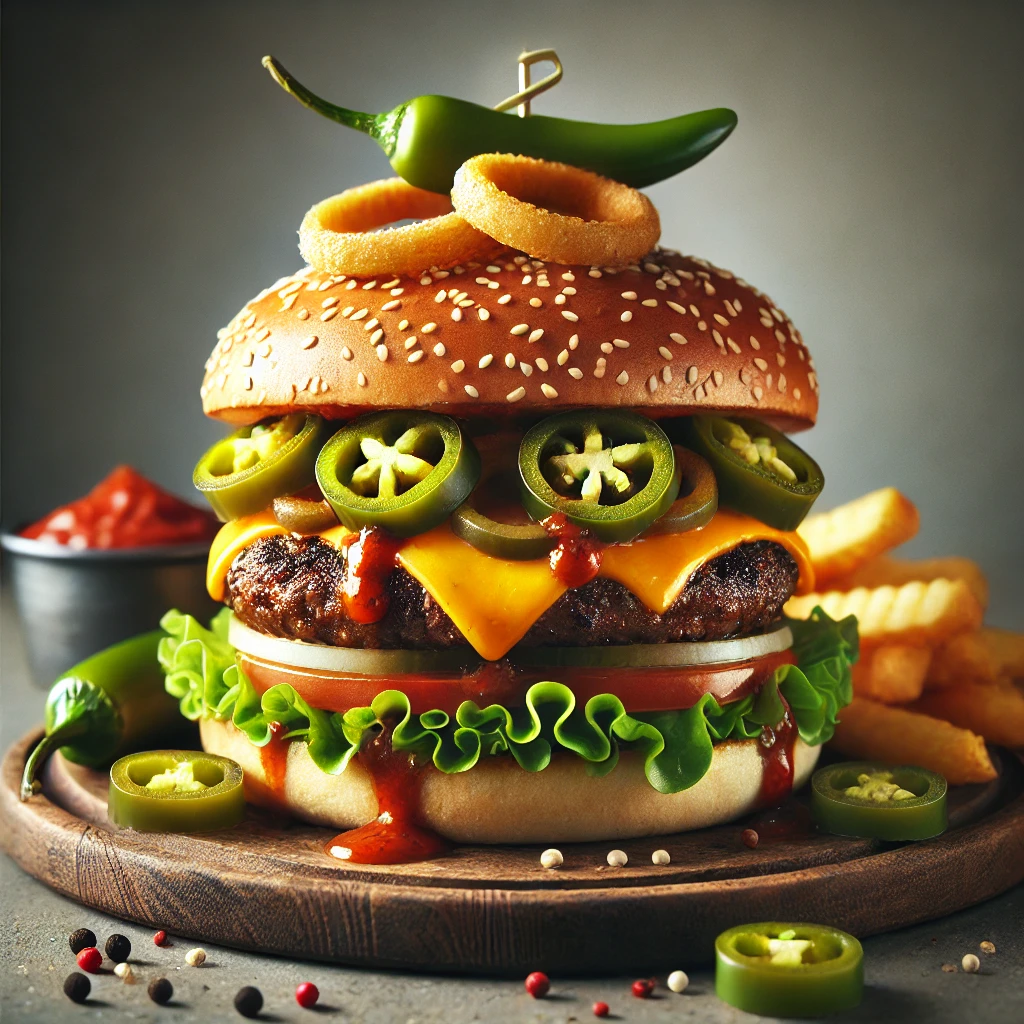 Marhahúspogácsa, olvadt cheddar sajt, ropogós jalapeño és chili szósz