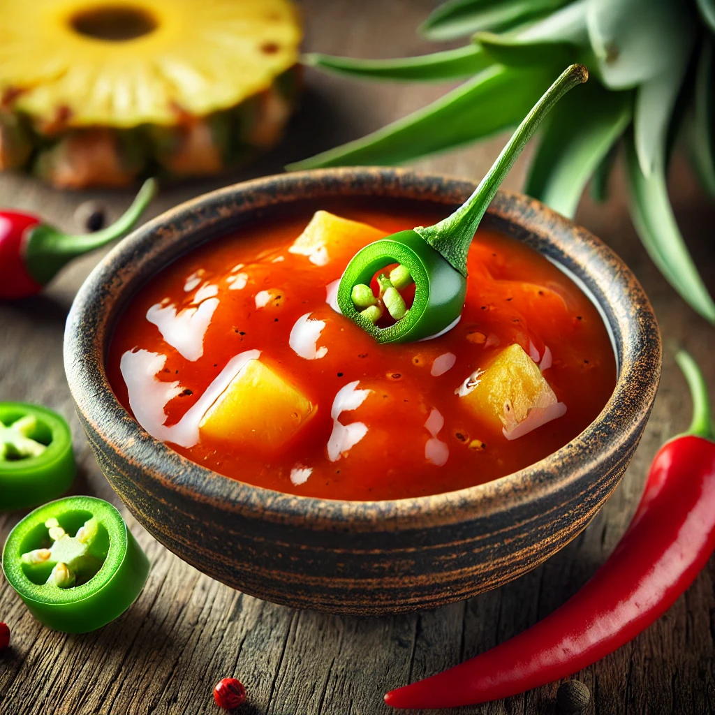 Pikáns és édes szósz ananásszal, jalapeñóval és chili paprikával