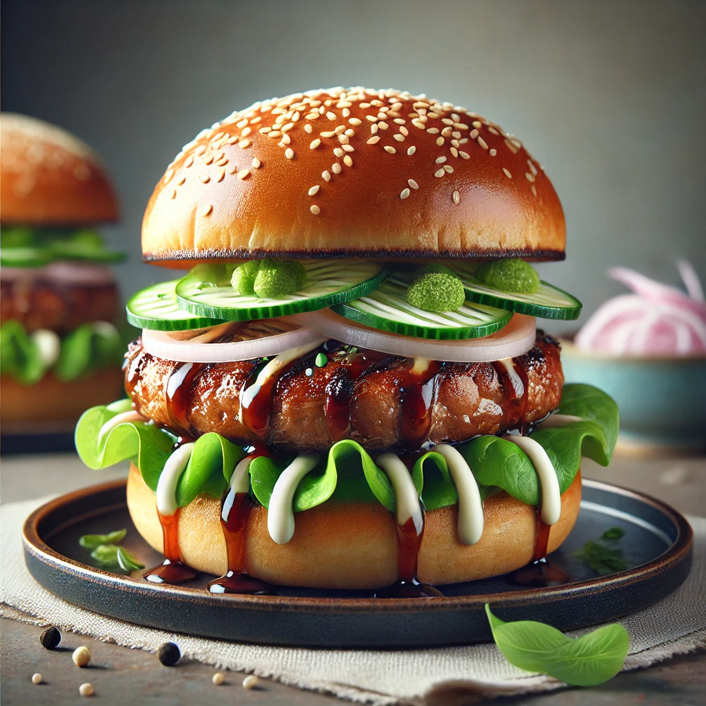 Ázsiai stílusú hamburger teriyaki szósszal és friss zöldségekkel