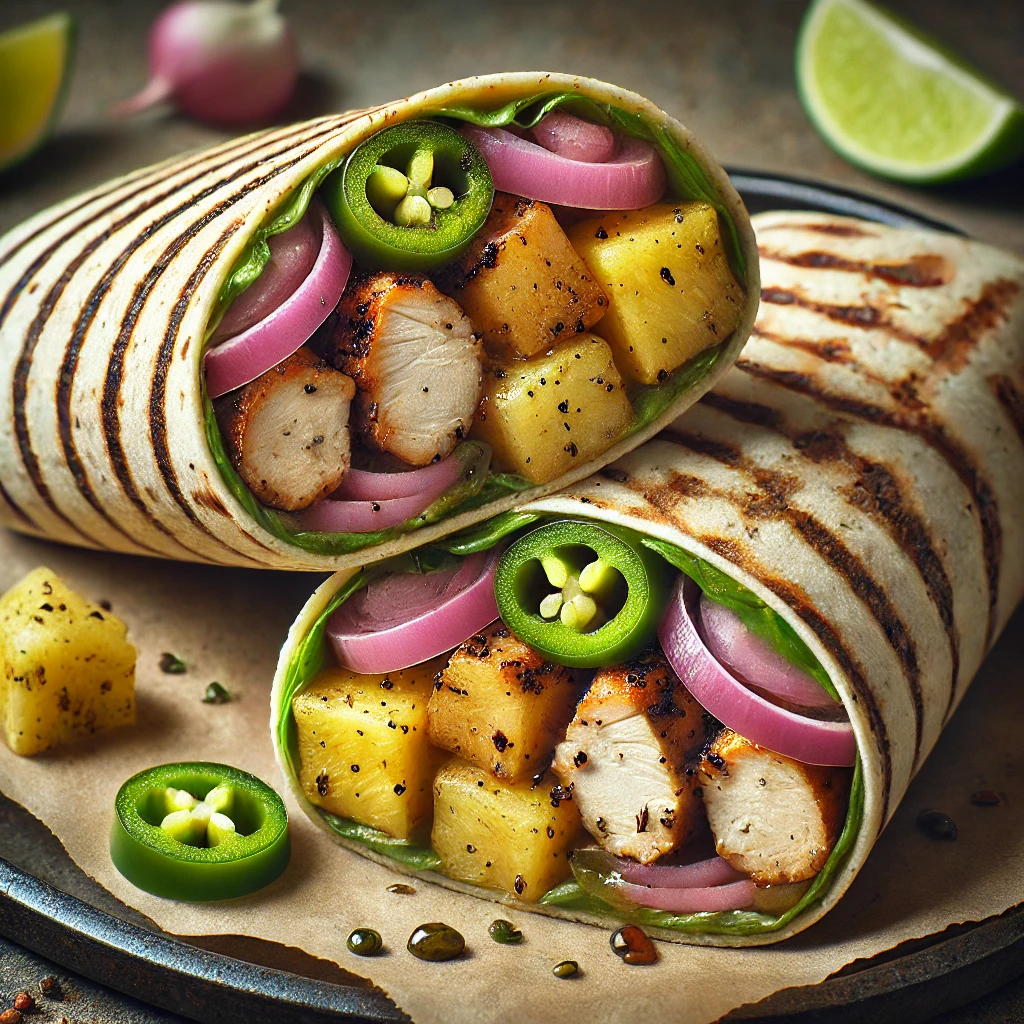 Pikáns és egzotikus jerk csirkés wrap friss ananásszal és jalapeño paprikával