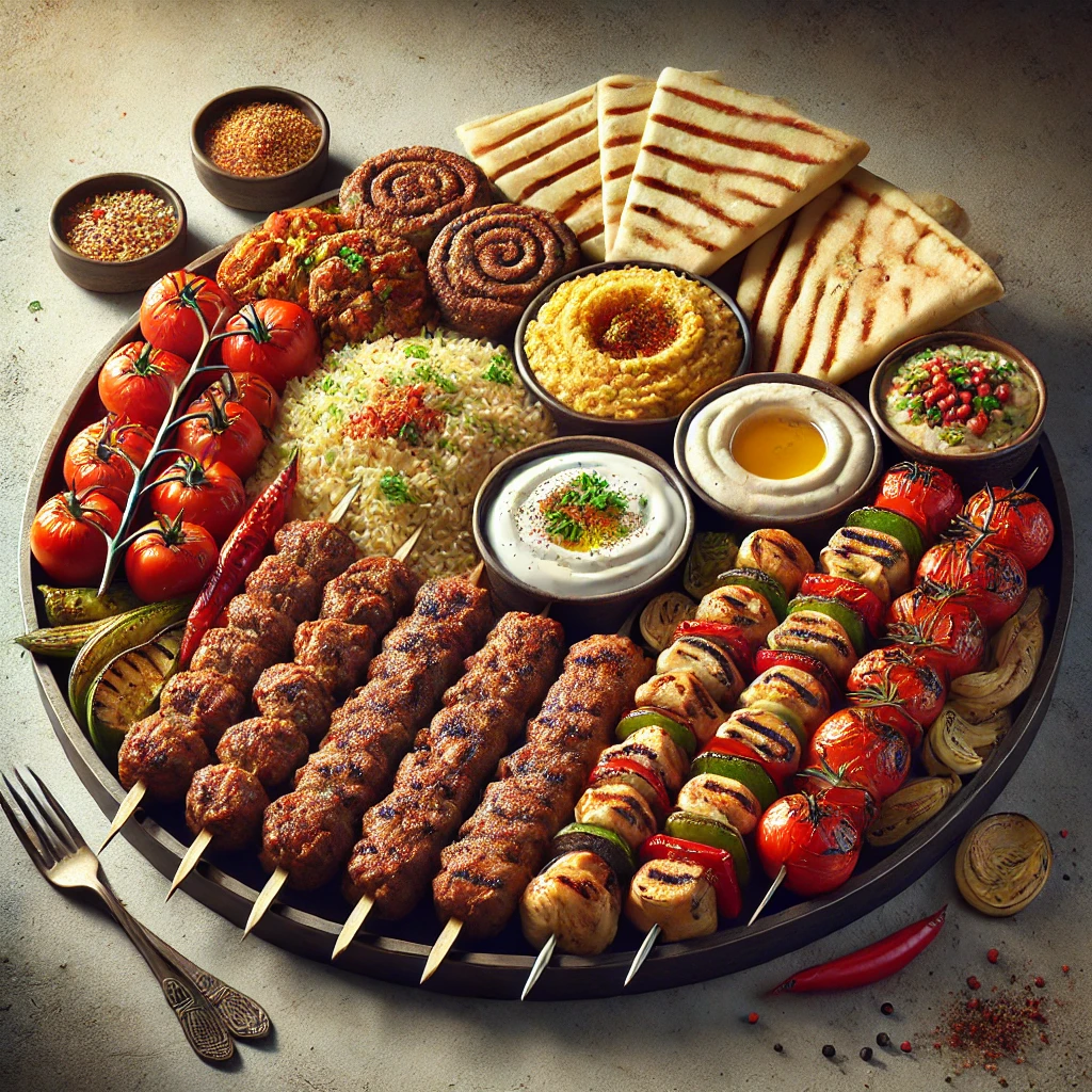 Autentikus török Kebab Kóstoló Menü grillezett húsnyársakkal és friss köretekkel