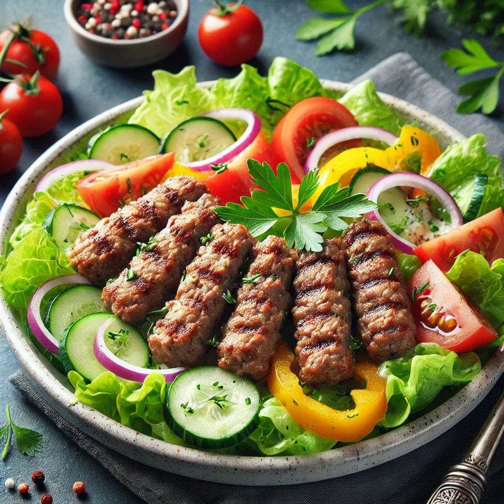 Autentikus török Kebab Saláta grillezett húsdarabokkal és joghurtos öntettel