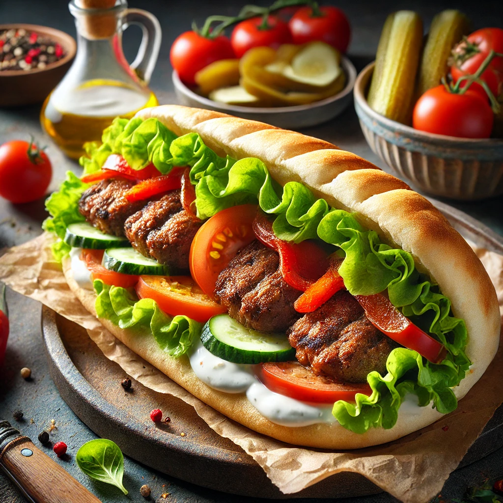 Autentikus török Kebab Szendvics grillezett húsnyársakkal és friss zöldségekkel