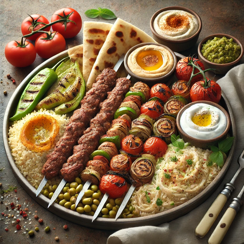 Autentikus török Kebab Tál grillezett húsnyársakkal és friss köretekkel