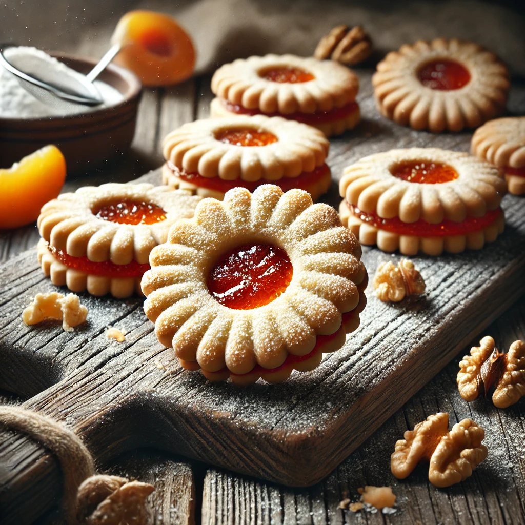 Omlós linzer tészta kókusszal és dióval, baracklekvárral töltve