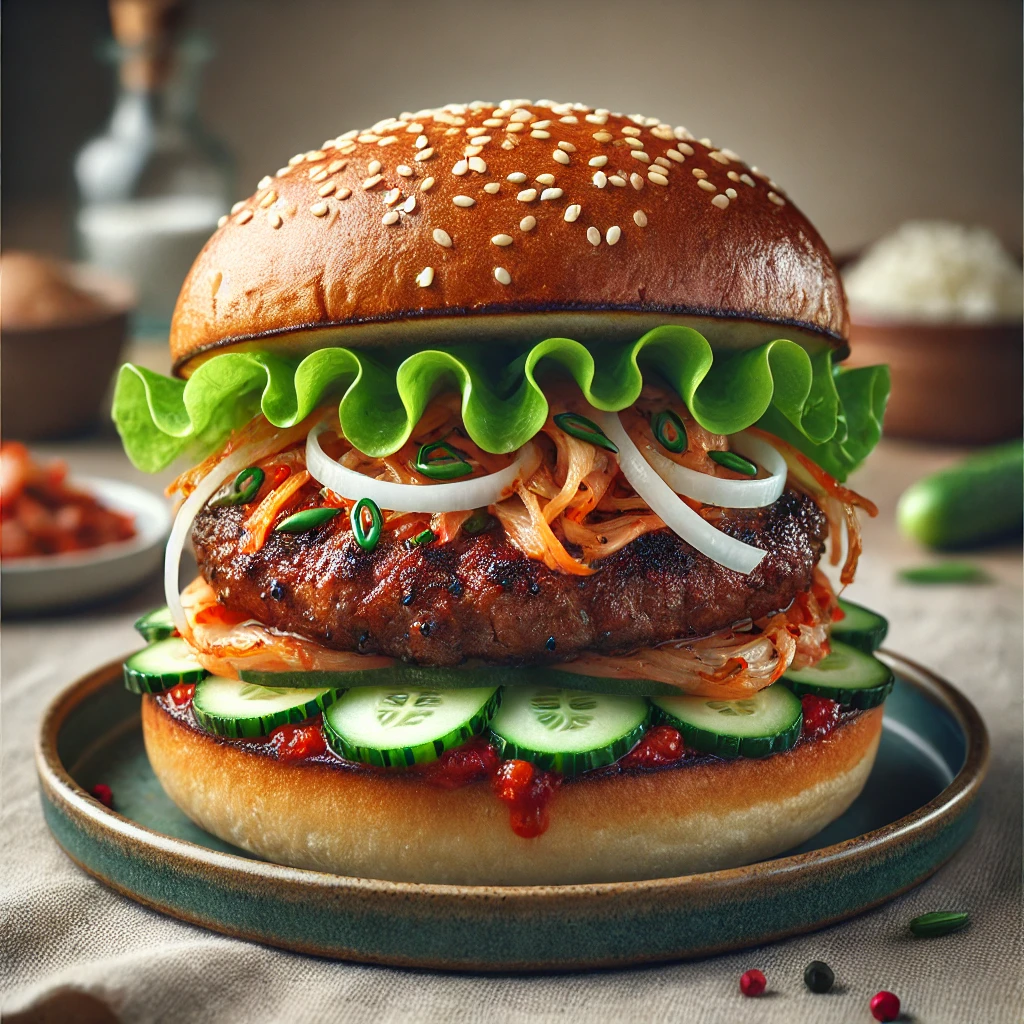 Ázsiai stílusú hamburger gochujang szósszal és friss zöldségekkel