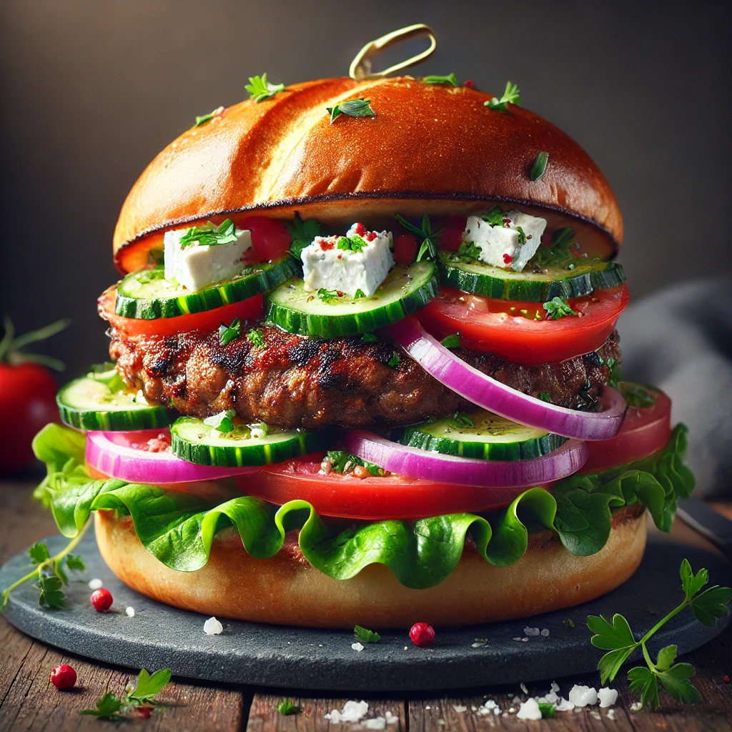 Fűszeres bárányhúsos burger tahini szósszal és friss zöldségekkel