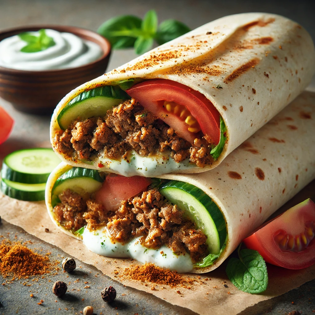 Fűszeres bárányhúsos wrap mentás joghurttal és friss zöldségekkel
