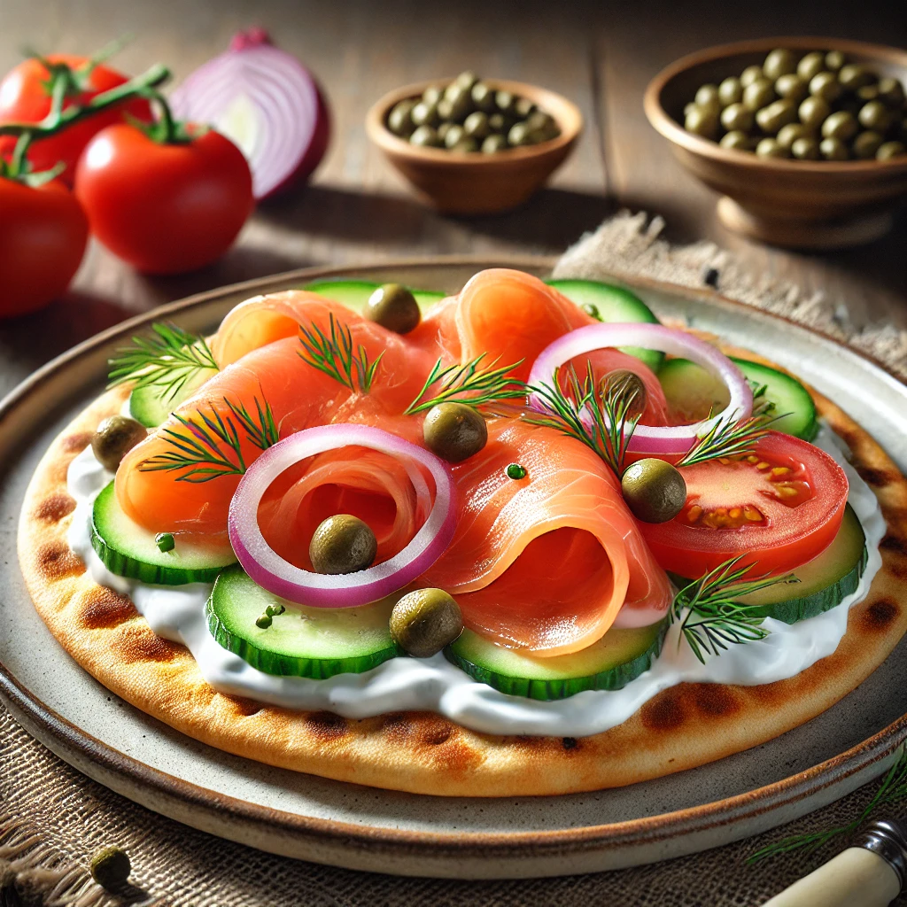 Puhára sült pita kenyér füstölt lazaccal, kapribogyóval és friss zöldségekkel