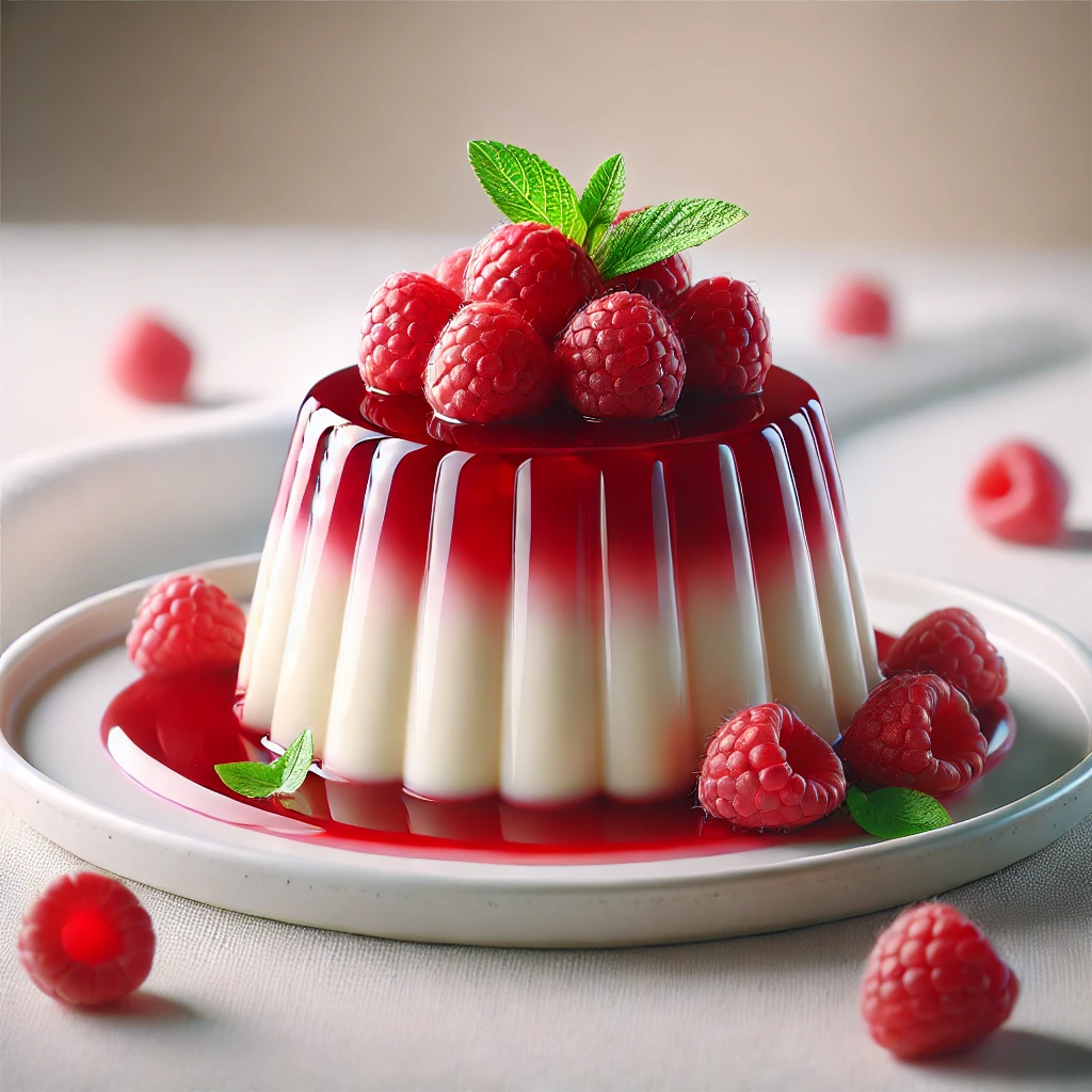 Krémes és lágy panna cotta málnával és friss gyümölcsökkel