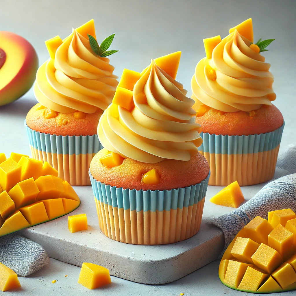 Friss mangóval és lágy krémmel díszített cupcake
