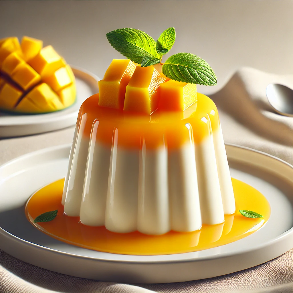 Krémes és lágy panna cotta mangóval és friss gyümölcsökkel