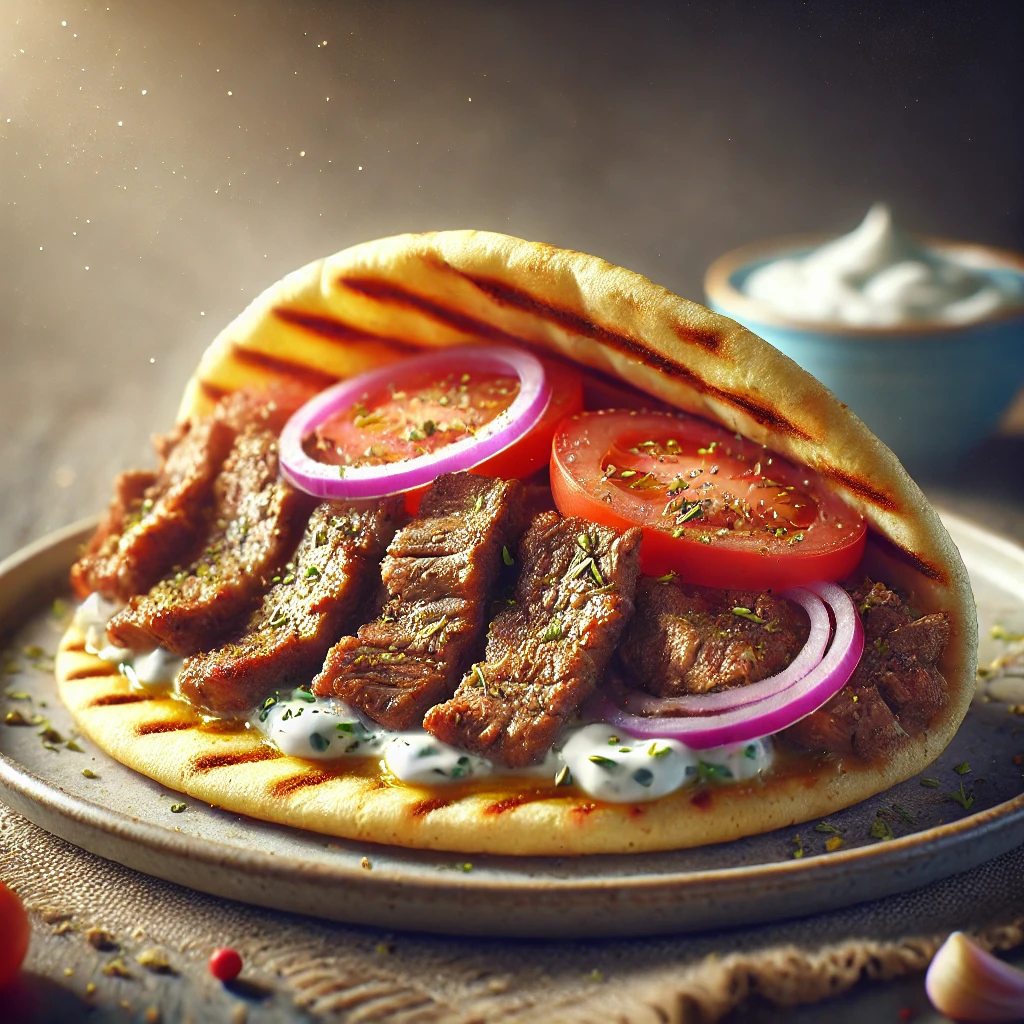 Házi készítésű pita gyros sült marhával és tzatzikivel