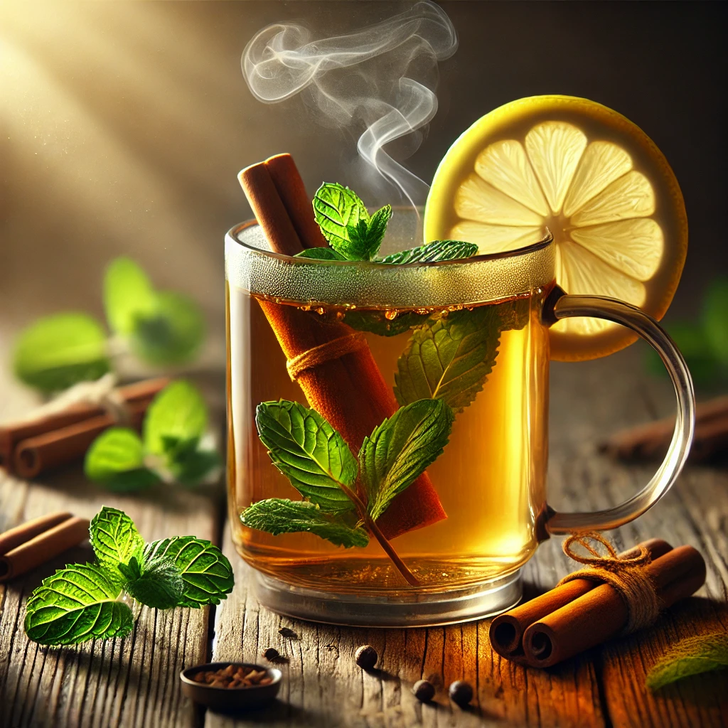 Meleg, fűszeres tea mentával és fahéjjal